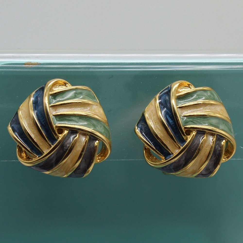 Vintage Swirl Clip-On‎ Earrings Enamel Knot Gold Blue Green Cream 1 in